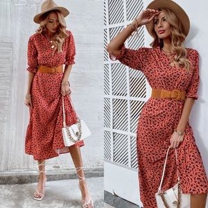 Boho dot ruffle hem flounce sleeve dress